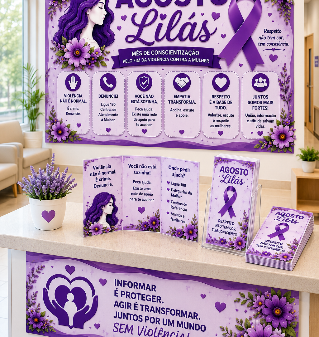Kit Agosto Lilás Completo | Painel + Faixa + Folder + | Decoração para UBS, CRAS, CREAS, Hospitais e Campanhas de Conscientização