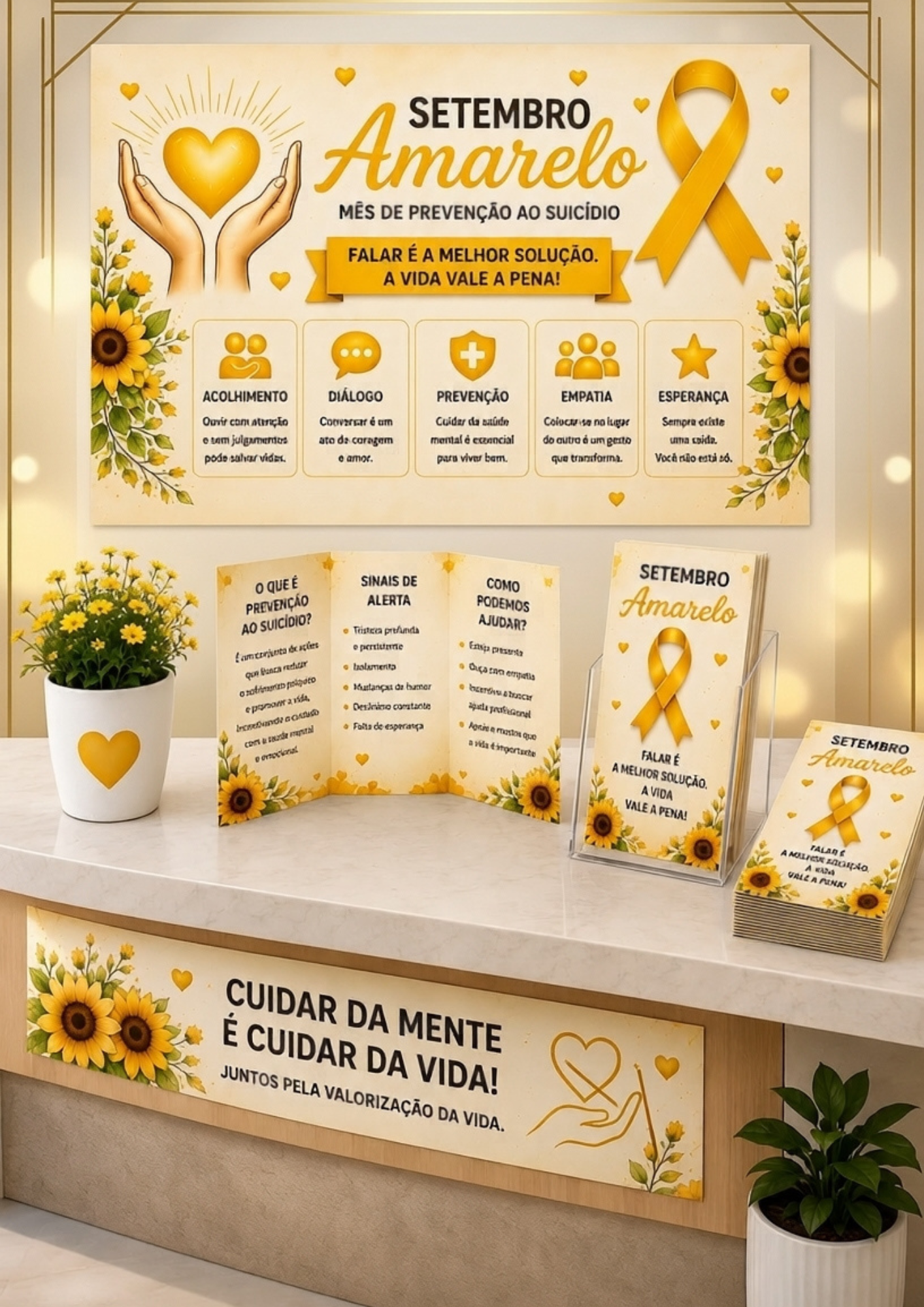Kit Setembro Amarelo Completo | Painel + Faixa + Folder + Display + Plaquinhas | Decoração para UBS, Empresas, SIPAT, Escolas e Campanhas de Valorização da Vida - Imagem 6