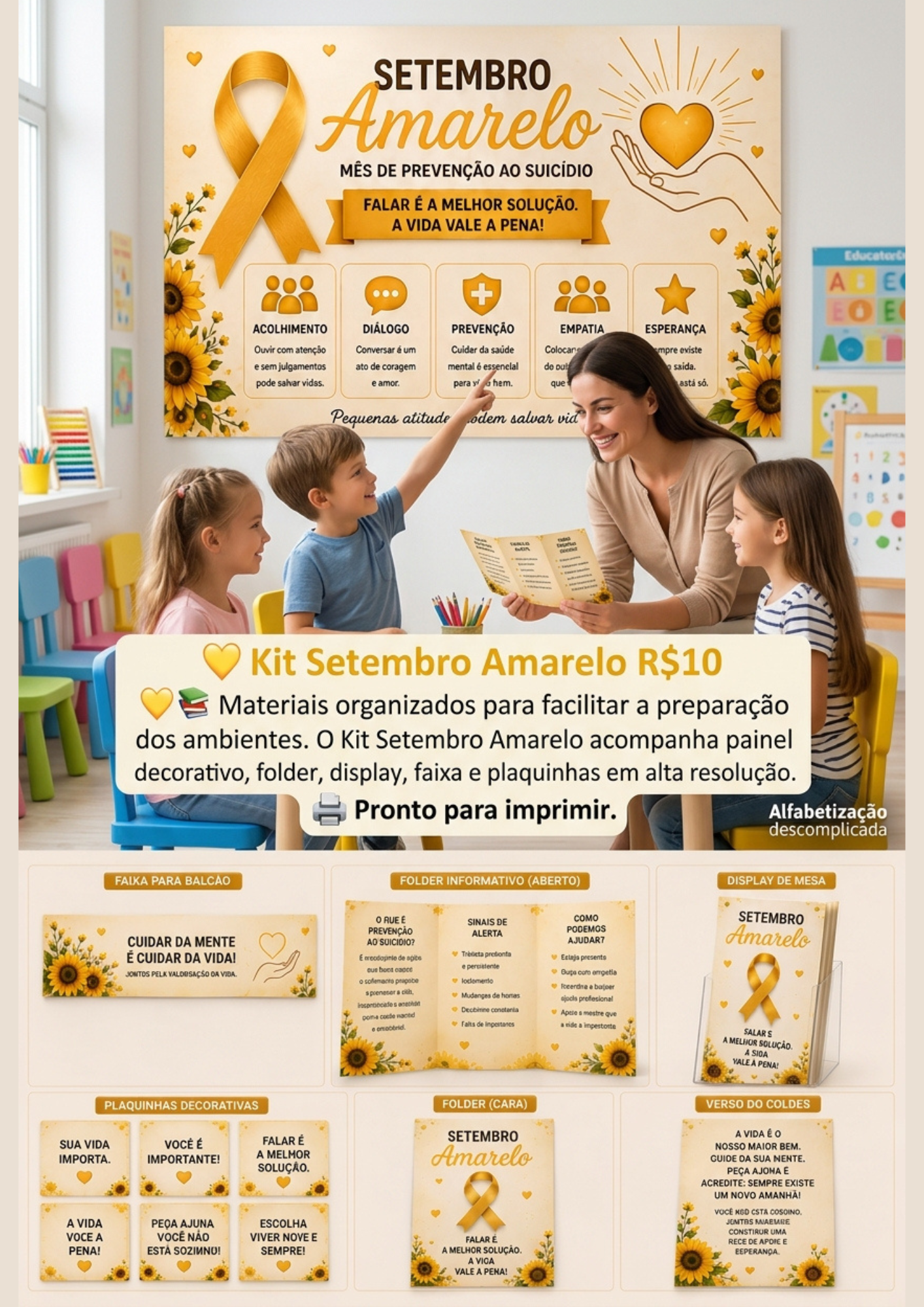 Kit Setembro Amarelo Completo | Painel + Faixa + Folder + Display + Plaquinhas | Decoração para UBS, Empresas, SIPAT, Escolas e Campanhas de Valorização da Vida - Imagem 3