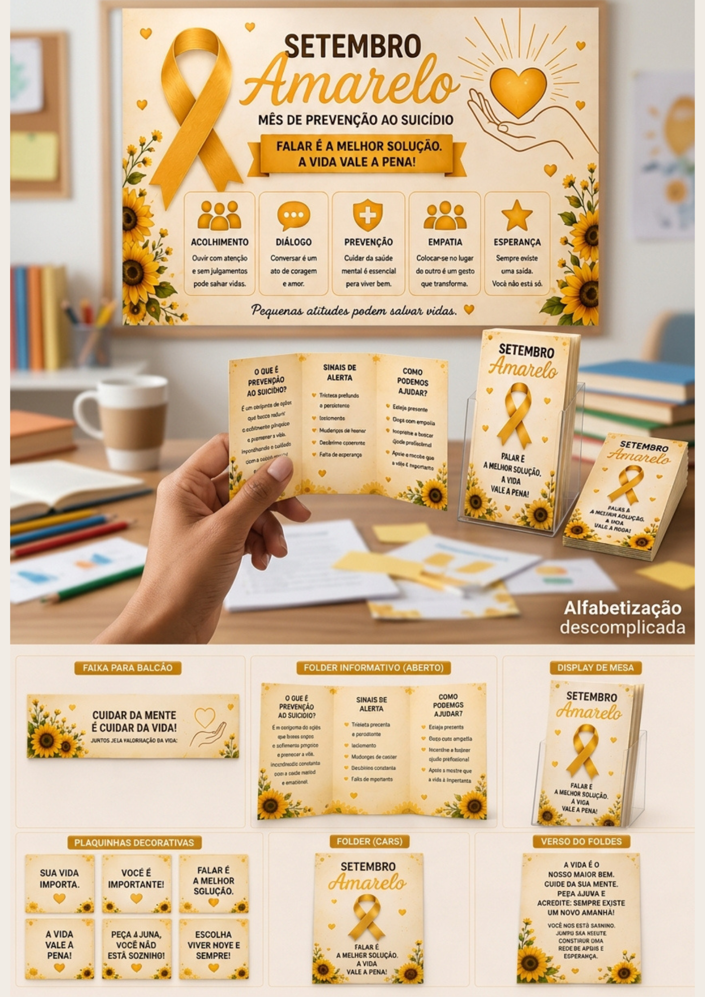 Kit Setembro Amarelo Completo | Painel + Faixa + Folder + Display + Plaquinhas | Decoração para UBS, Empresas, SIPAT, Escolas e Campanhas de Valorização da Vida - Imagem 4