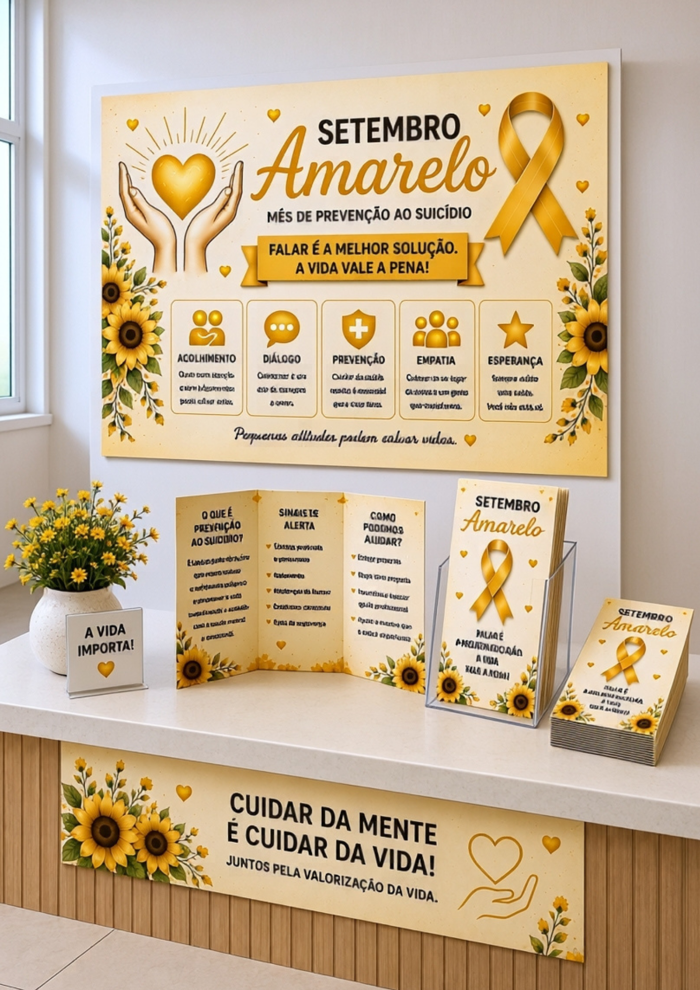 Kit Setembro Amarelo Completo | Painel + Faixa + Folder + Display + Plaquinhas | Decoração para UBS, Empresas, SIPAT, Escolas e Campanhas de Valorização da Vida - Imagem 8