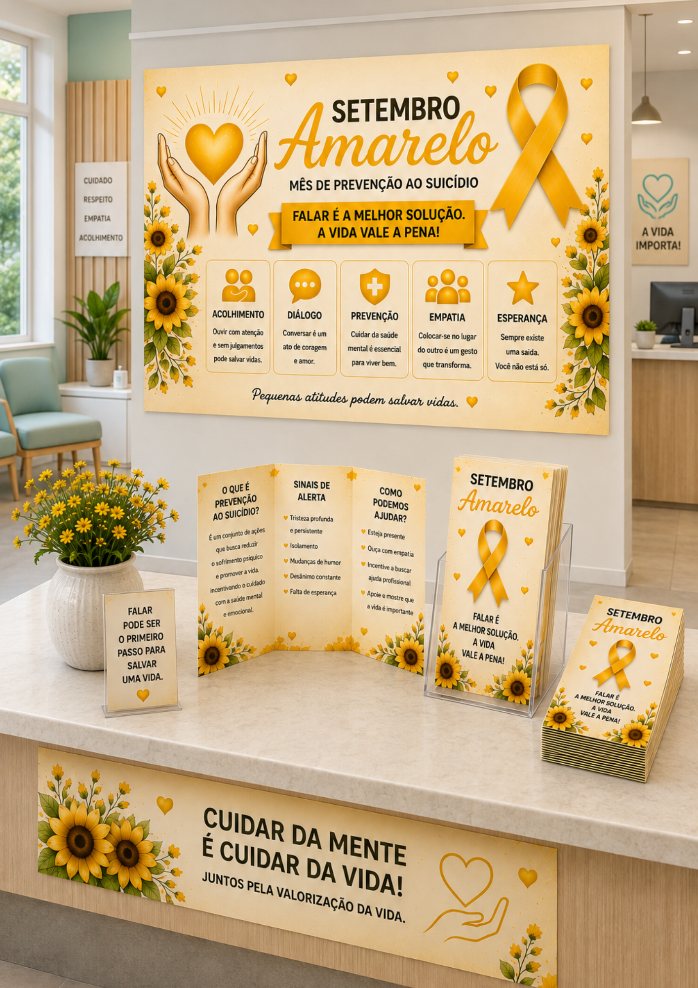 Kit Setembro Amarelo Completo | Painel + Faixa + Folder + Display + Plaquinhas | Decoração para UBS, Empresas, SIPAT, Escolas e Campanhas de Valorização da Vida - Imagem 16