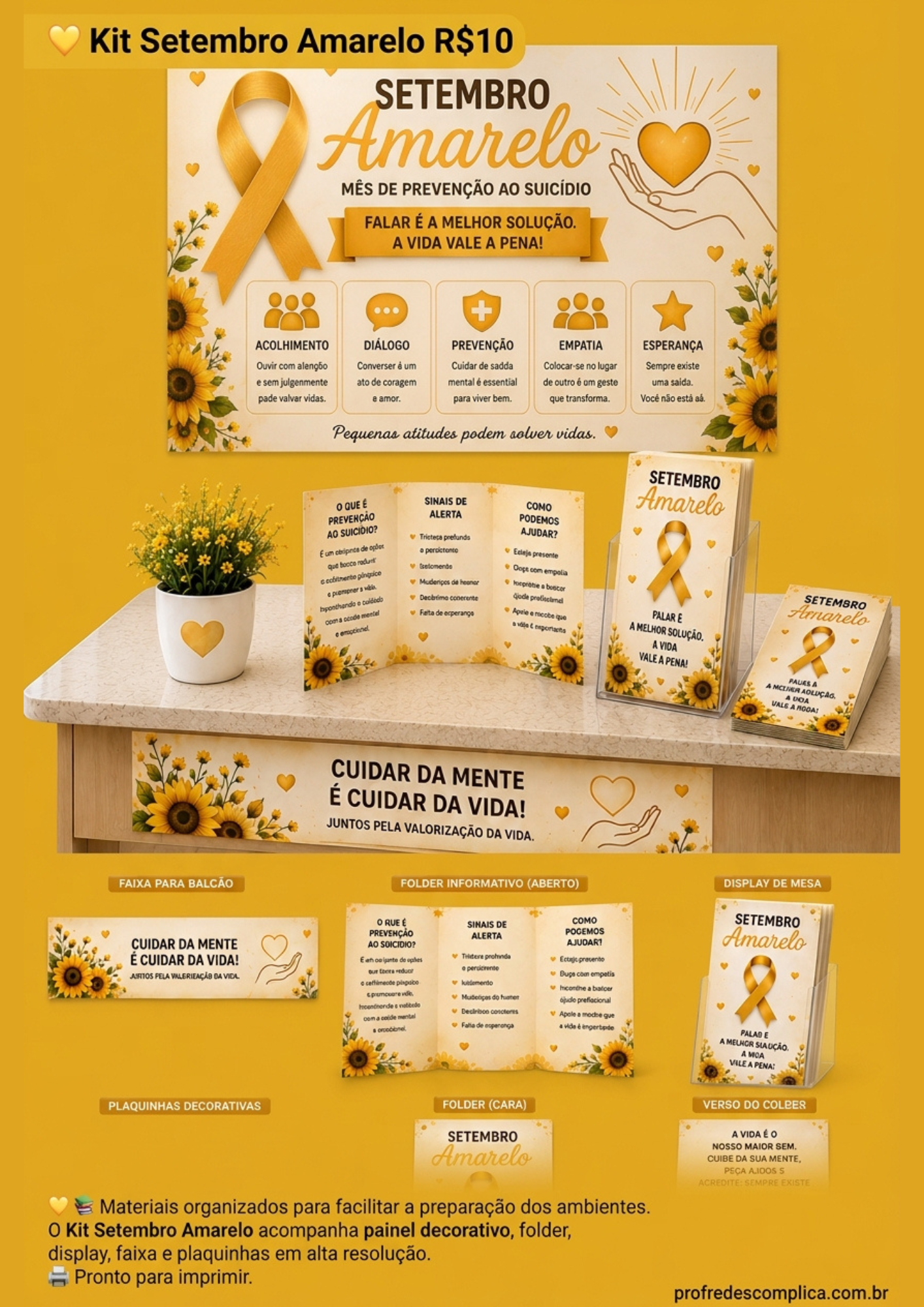 Kit Setembro Amarelo Completo | Painel + Faixa + Folder + Display + Plaquinhas | Decoração para UBS, Empresas, SIPAT, Escolas e Campanhas de Valorização da Vida - Imagem 15