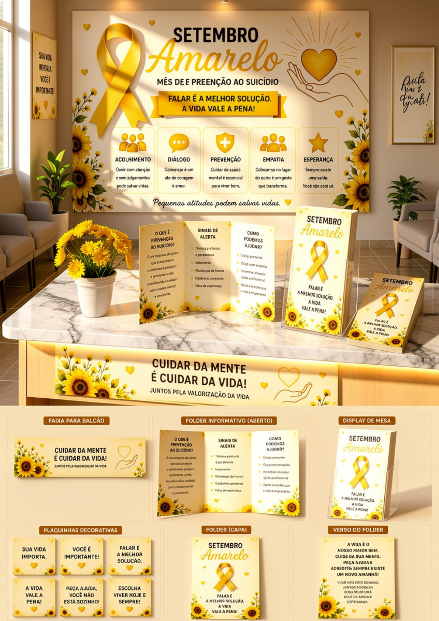 Kit Setembro Amarelo Completo | Painel + Faixa + Folder + Display + Plaquinhas | Decoração para UBS, Empresas, SIPAT, Escolas e Campanhas de Valorização da Vida - Imagem 5
