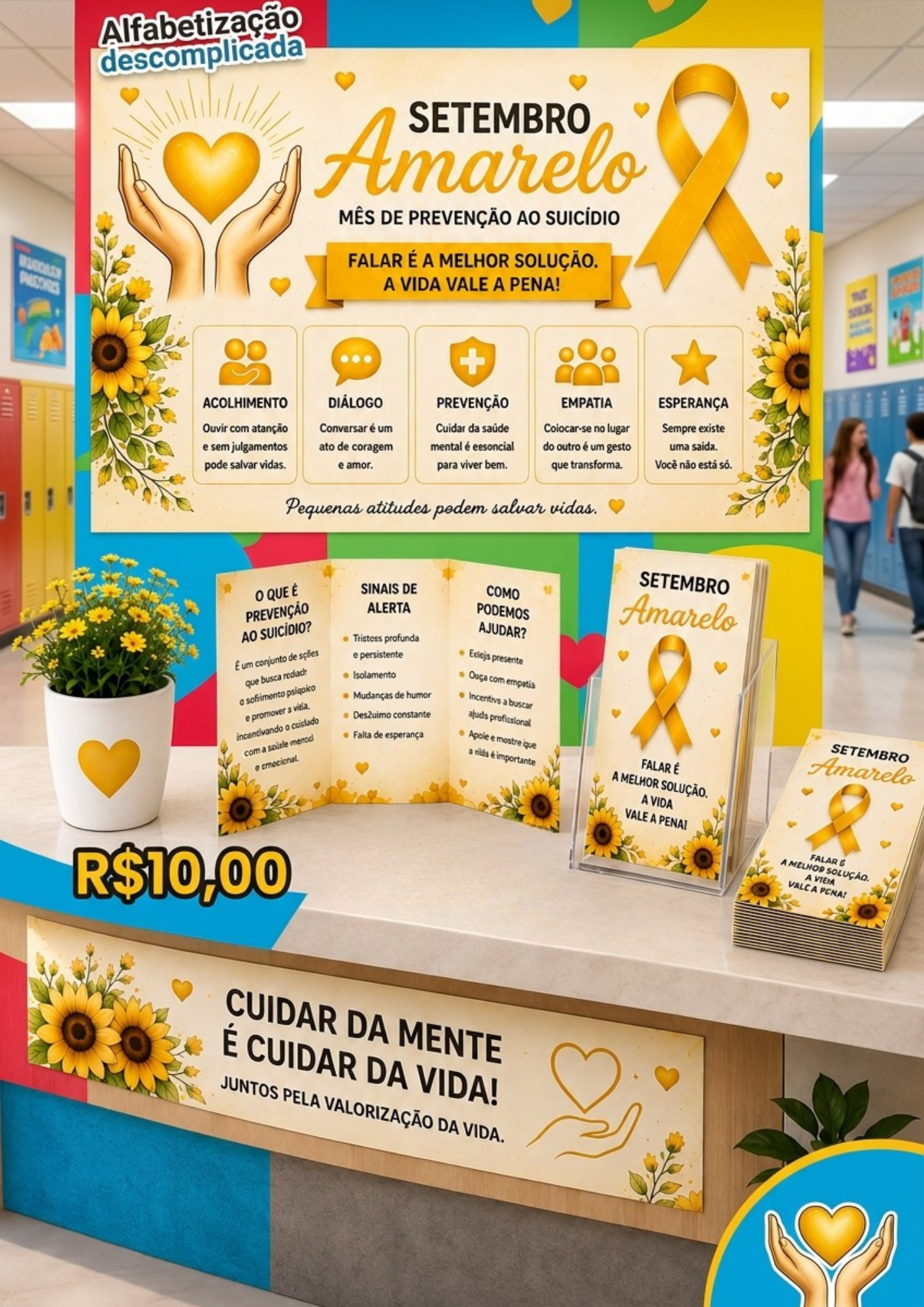 Kit Setembro Amarelo Completo | Painel + Faixa + Folder + Display + Plaquinhas | Decoração para UBS, Empresas, SIPAT, Escolas e Campanhas de Valorização da Vida - Imagem 18