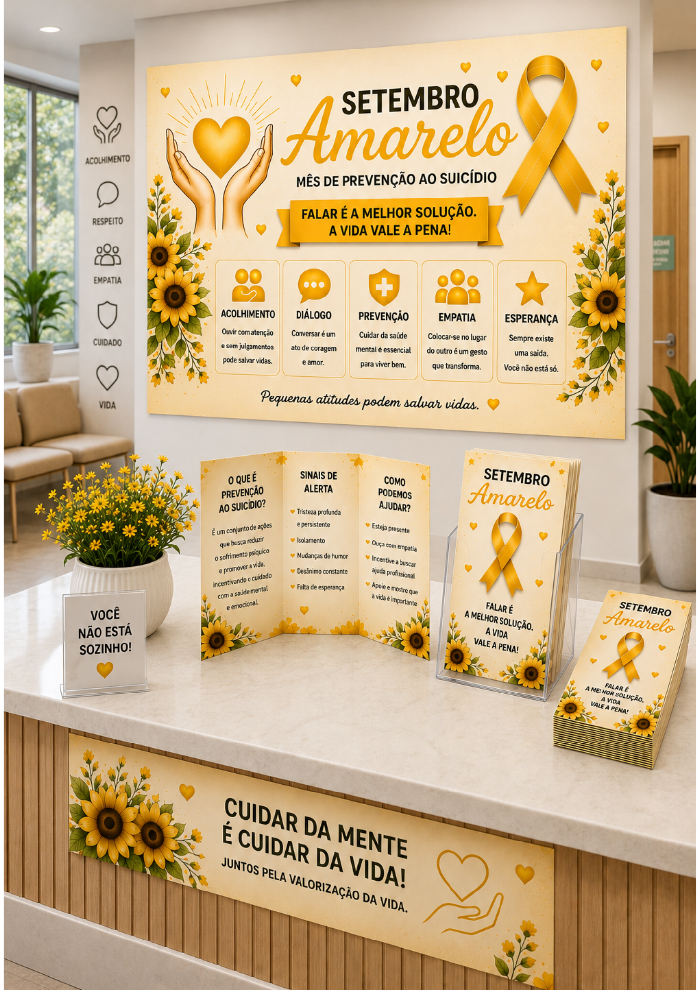 Kit Setembro Amarelo Completo | Painel + Faixa + Folder + Display + Plaquinhas | Decoração para UBS, Empresas, SIPAT, Escolas e Campanhas de Valorização da Vida - Imagem 9