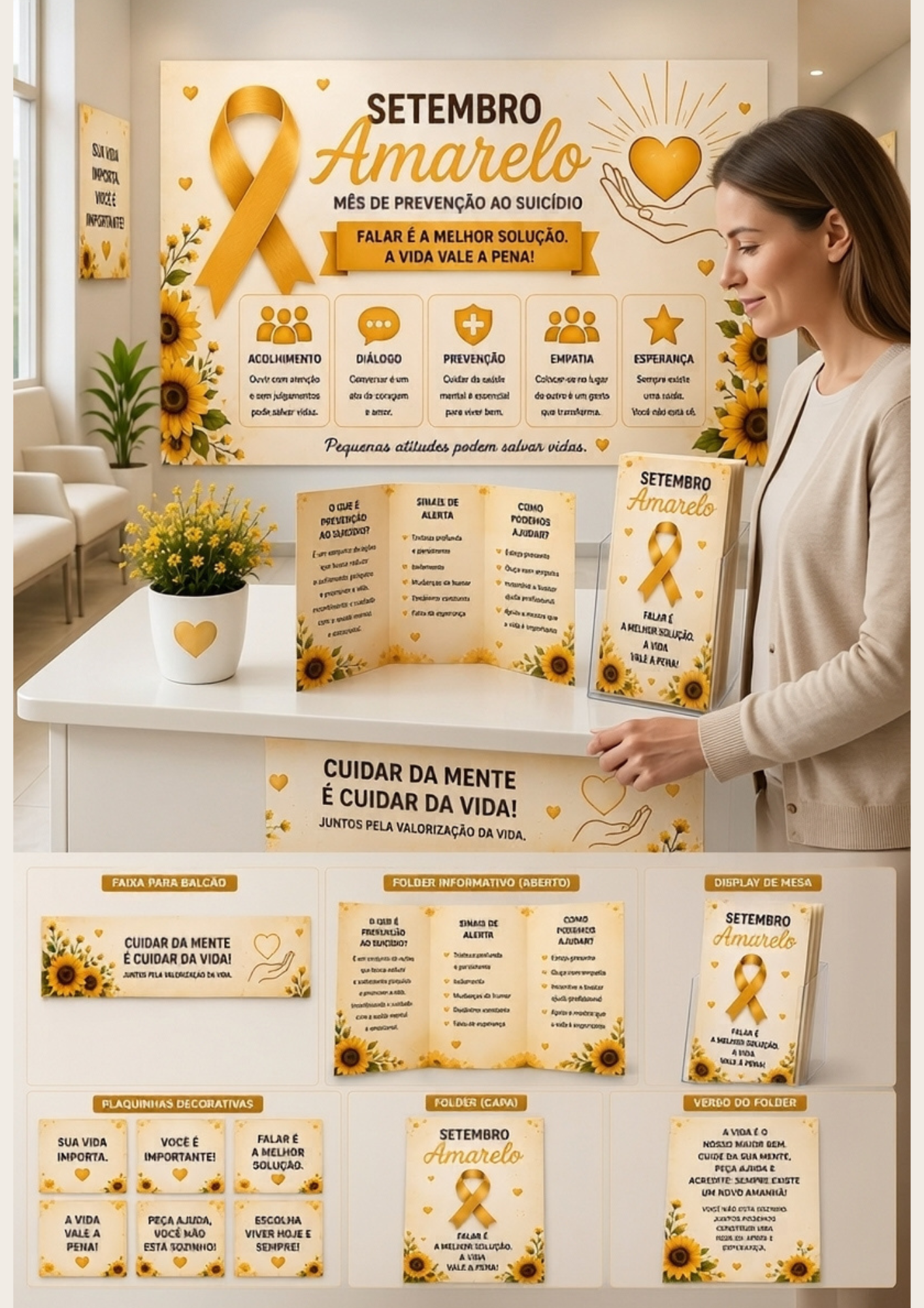 Kit Setembro Amarelo Completo | Painel + Faixa + Folder + Display + Plaquinhas | Decoração para UBS, Empresas, SIPAT, Escolas e Campanhas de Valorização da Vida - Imagem 7