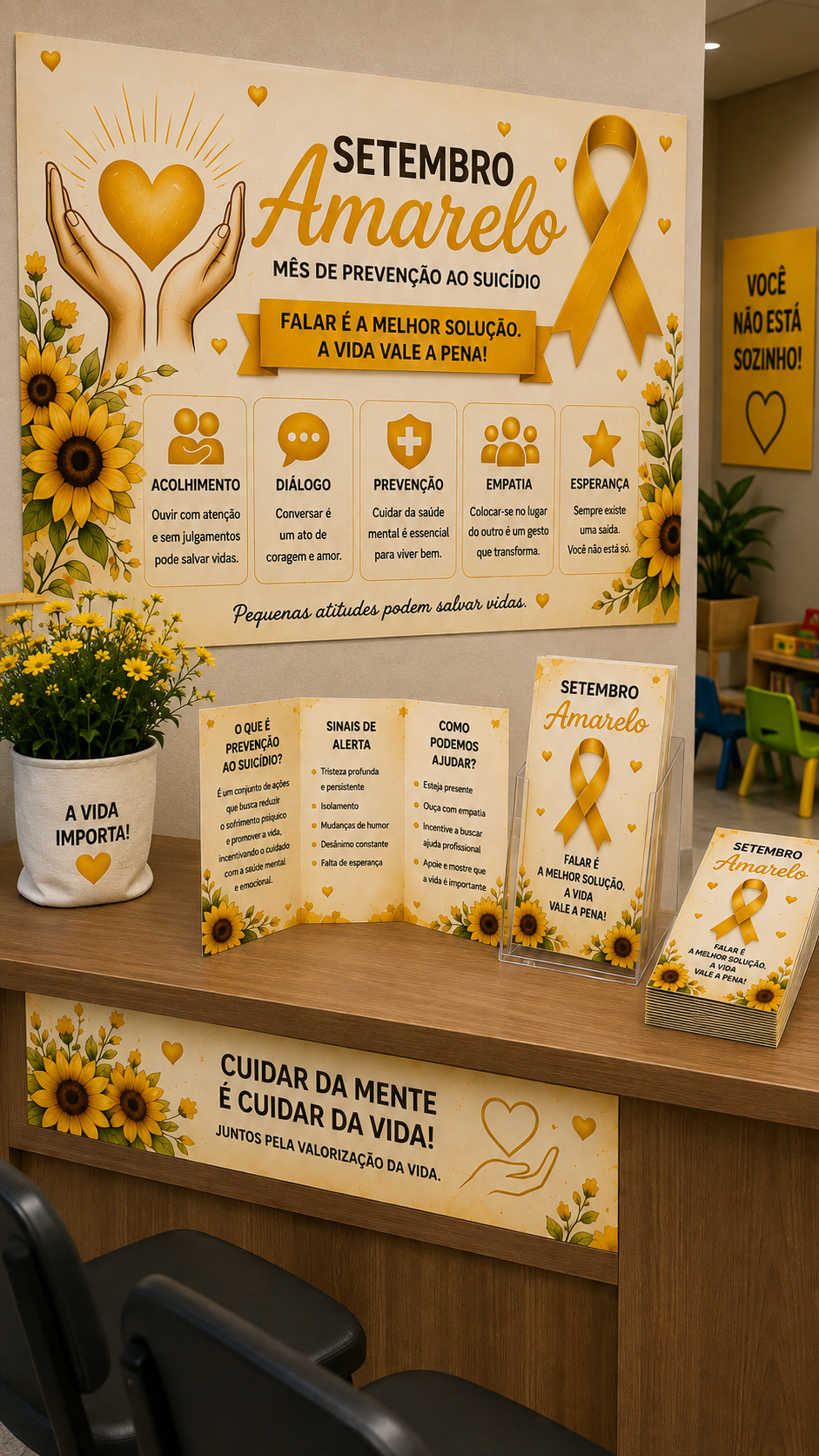 Kit Setembro Amarelo Completo | Painel + Faixa + Folder + Display + Plaquinhas | Decoração para UBS, Empresas, SIPAT, Escolas e Campanhas de Valorização da Vida - Imagem 3