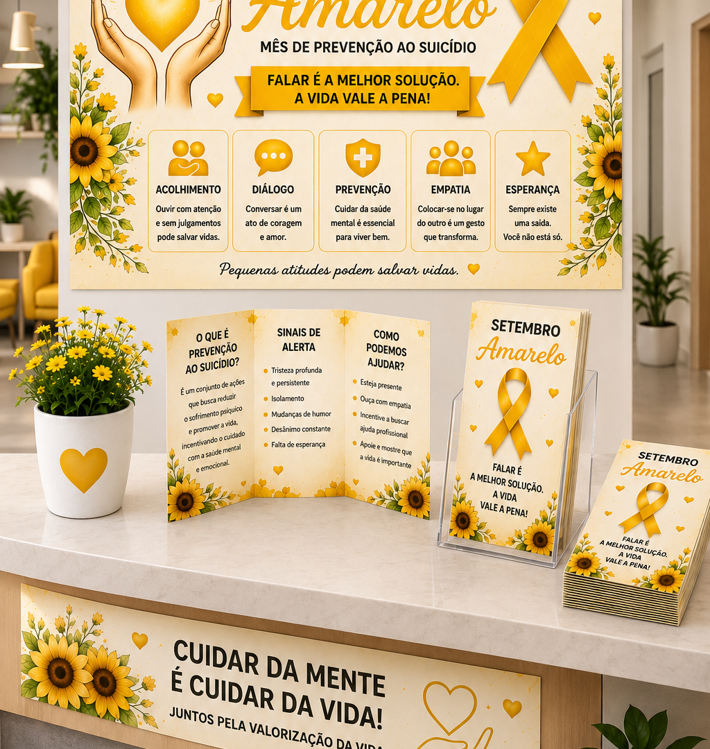 Kit Setembro Amarelo Completo | Painel + Faixa + Folder + Display + Plaquinhas | Decoração para UBS, Empresas, SIPAT, Escolas e Campanhas de Valorização da Vida